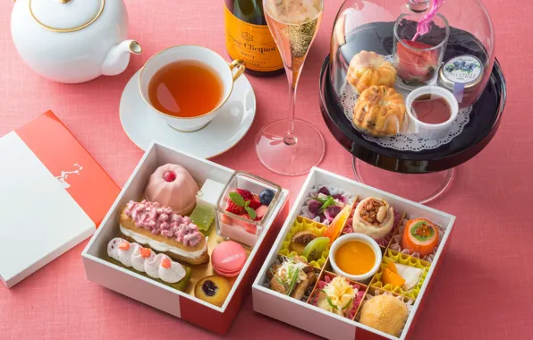 Чай, клубника, шампанское, cake, крем, десерт, пирожные, сладкое