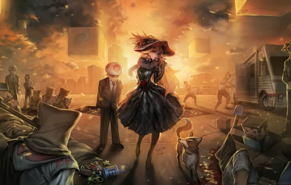 Картинка девушка, закат, шляпа, арт, куб, kratos, персонажи, minecraft