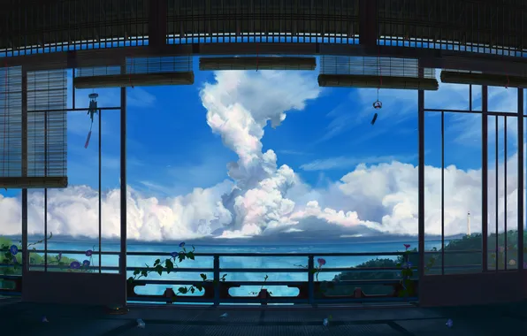Картинка море, небо, облака, дом, растение, аниме, арт, akibakeisena