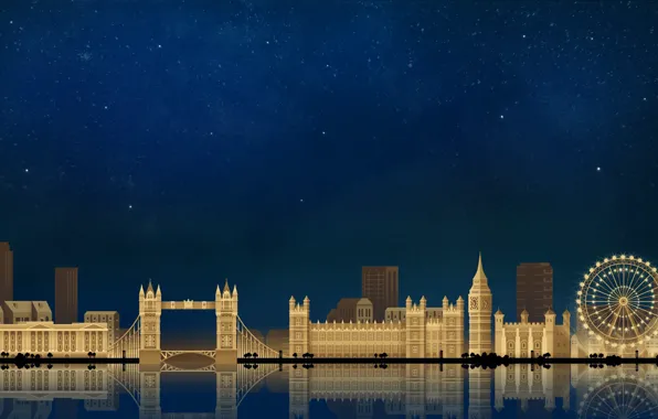 Картинка Лондон, Небо, Минимализм, Ночь, Город, Art, London, Digital