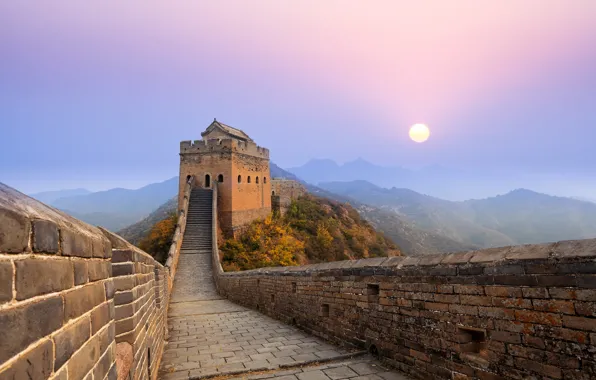 Солнце, горы, туман, восход, утро, Китай, Великая Китайская стена, Great Wall of China