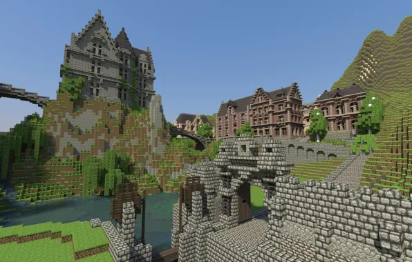 Небо, мост, озеро, дом, дерево, гора, minecraft