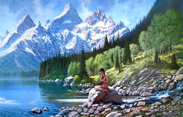 Картинка лес, девушка, деревья, пейзаж, горы, река, арт, Roy Kerswill