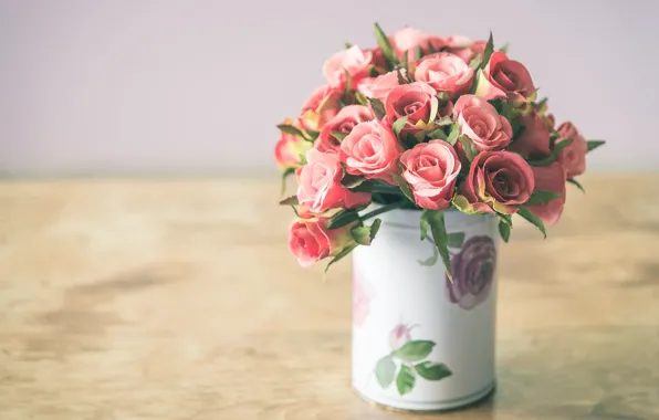 Картинка цветы, розы, букет, лепестки, ваза, розовые, бутон розы