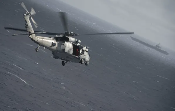 Море, Волны, Вертолет, Авианосец, US NAVY, MH-60S Knight Hawk