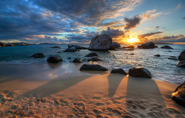 Закат, камни, побережье, Caribbean, British Virgin Islands, Британские Виргинские острова, Карибское море