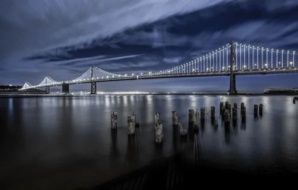 Небо, мост, огни, порт, Калифорния, залив, Сан-Франциско, California