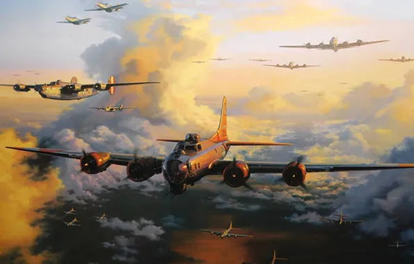 Картинка рисунок, истребители, бомбардировщики, Летающая крепость, Boeing B-17 Flying Fortress, nichilas trudgian