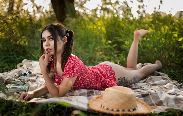 Grass, ass, panties, dress, trees, barefoot, twintails, model