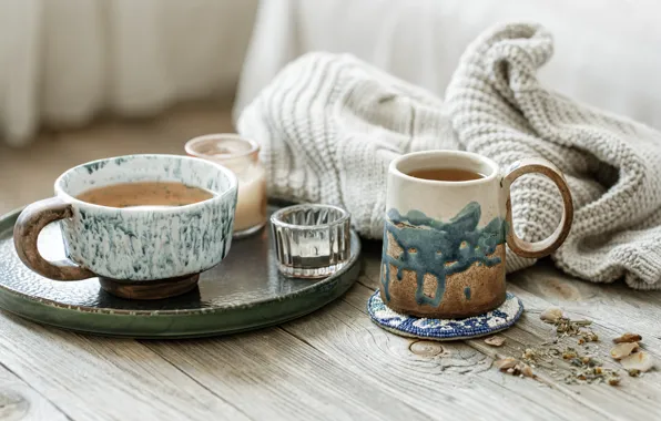 Чай, доски, свечи, чашки, чашка, кружки, свитер, поднос