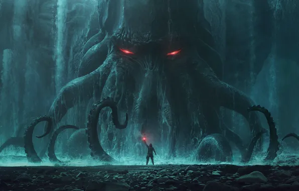 Картинка Ктулху, Cthulhu, monster, rocks, man, behemoth, tide, tentacles