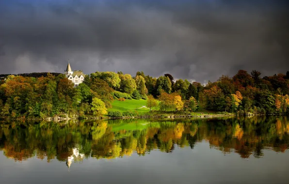 Картинка фото, Природа, Осень, Лес, Залив, Норвегия, Берген, Gamlehaugen