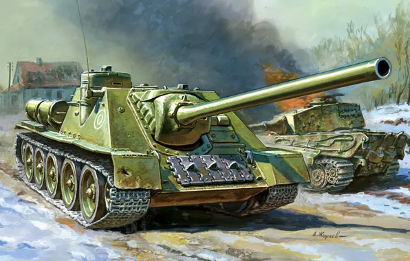 Картинка рисунок, самоходно-артиллерийская установка, советская, истребитель танков, пт-сау, Су-100