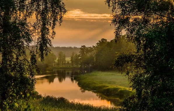Пейзаж, закат, река