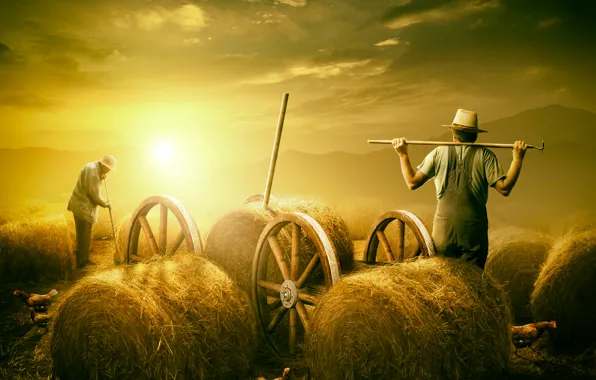 Картинка лето, жара, сено, фермер, страда