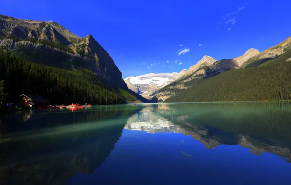 Лес, горы, озеро, дом, лодки, Канада, Альберта, Banff National Park