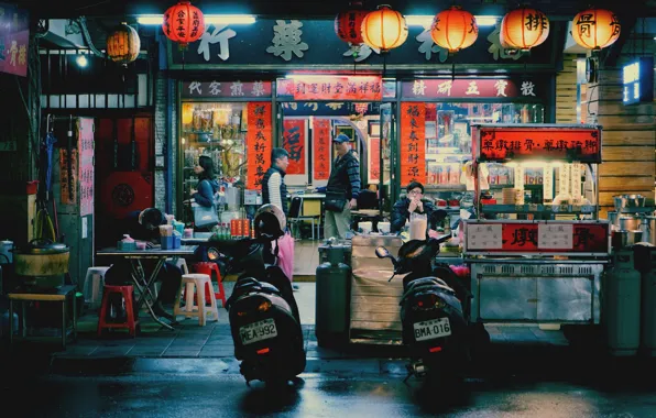 Lights, night, street, people, cityscape, Taiwan, Taipei, restaurant