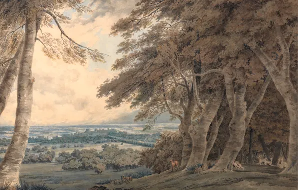 Картинка животные, деревья, пейзаж, холмы, картина, акварель, Windsor, Уильям Тёрнер