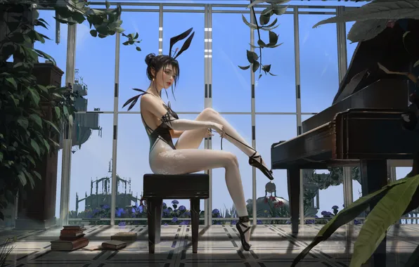 Piano, women, digital art, artwork, plants, sitting, dark hair, illustration