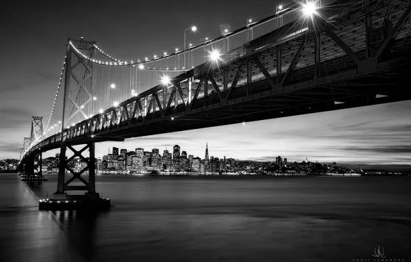Мост, город, огни, ч/б, Сан-Франциско, photographer, Kenji Yamamura