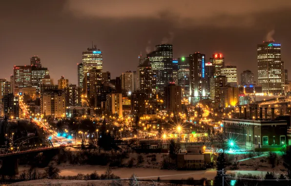 Картинка ночь, огни, Канада, небоскрёбы, провинция Альберта, Edmonton, Э́дмонтон
