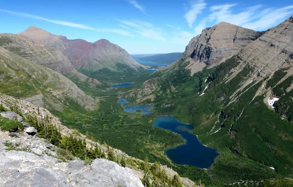 Горы, скалы, озера, долина, панорама, ущелье, USA, Glacier National Park