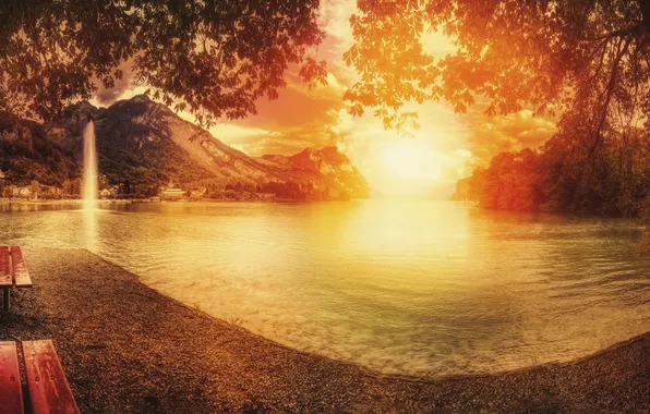 Картинка осень, закат, озеро
