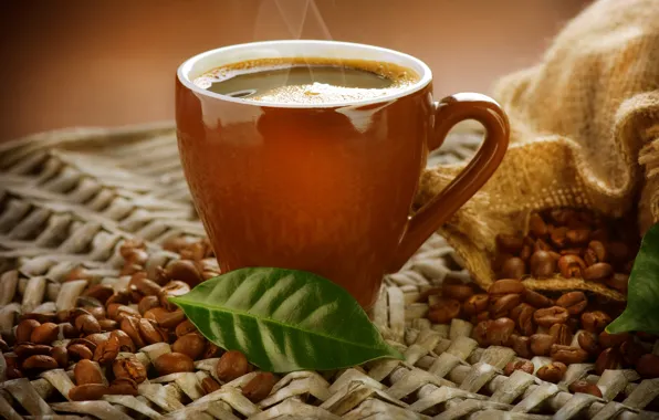 Картинка кофе, чашка, кофейные зерна, листики, аромат