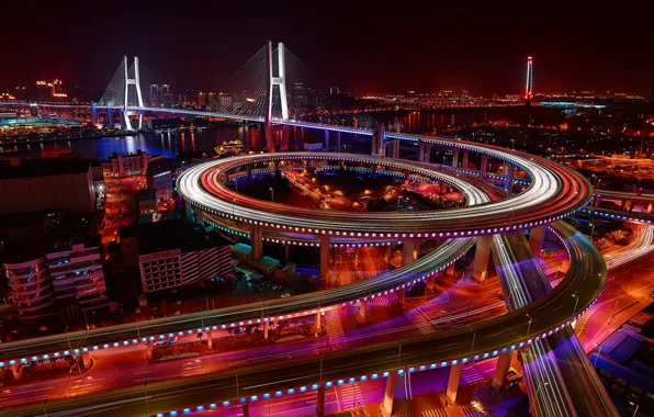 Ночь, мост, город, огни, выдержка, Китай, Шанхай, Nanpu Bridge