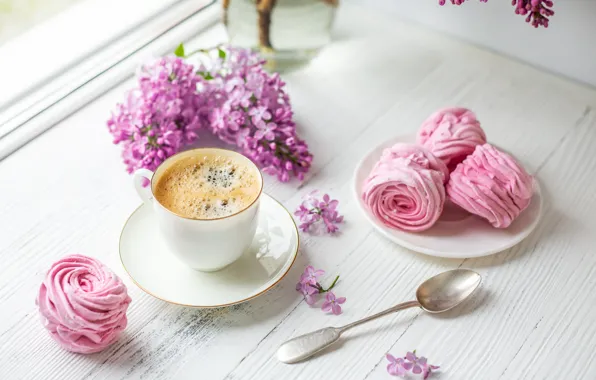 Цветы, pink, сирень, пирожные, morning, coffee cup, зефир, lilac