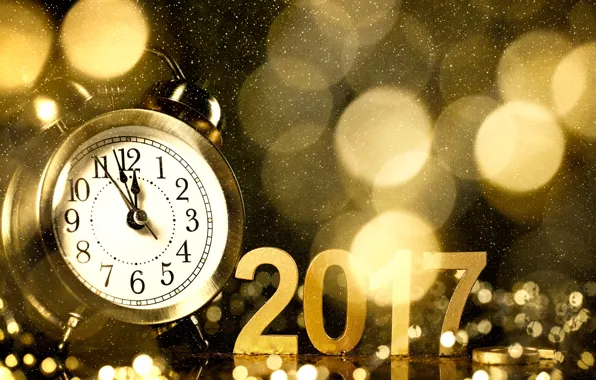Картинка часы, Новый Год, будильник, gold, new year, happy, bokeh, champagne