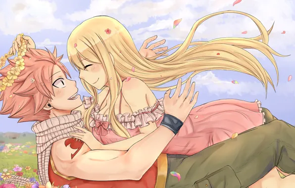 Девушка, цветы, пара, парень, венок, anime, fairy tail, Lucy Heartfilia
