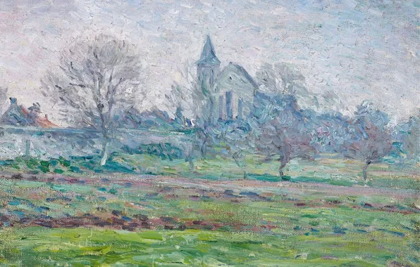 Деревья, картина, весна, сад, церковь, ПЕЙЗАЖ, Анри Лебаск