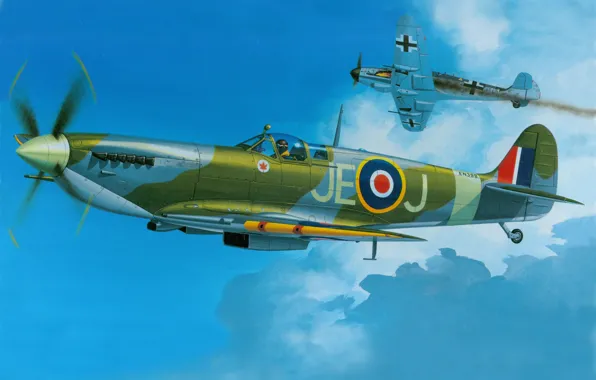 Картинка aircraft, war, art, spitfire, airplane, aviation, ww2, dogfight