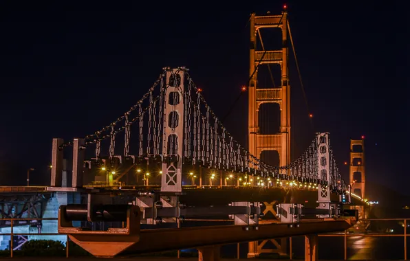 Ночь, мост, огни, Калифорния, Сан-Франциско, Золотые Ворота, Golden Gate Bridge, California