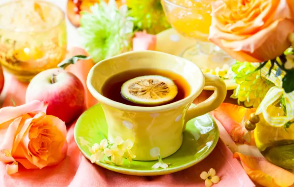 Картинка цветы, лимон, чай, роза, яблоко, чашка