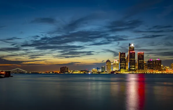Небо, река, здания, Мичиган, ночной город, небоскрёбы, Detroit, Детройт