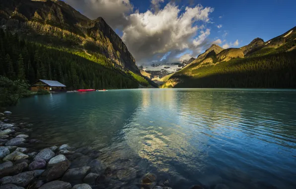 Картинка лес, горы, природа, озеро, Alberta, Lake Louise, Canada, Canoe