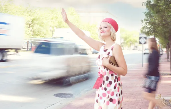 Vintage, retro, street, traffic, pretty woman