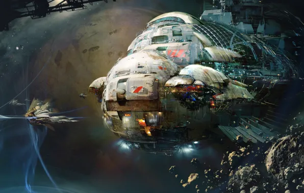 Космос, Корабль, Space, Art, Фантастика, Астероиды, Daniel Dociu, Spaceship
