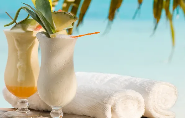 Фрукты, beach, fresh, полотенца, коктейли, fruit, drink, palms