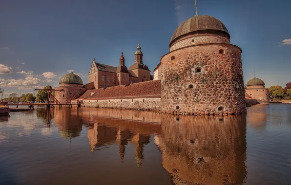 Небо, вода, солнце, мост, отражение, река, замок, Швеция