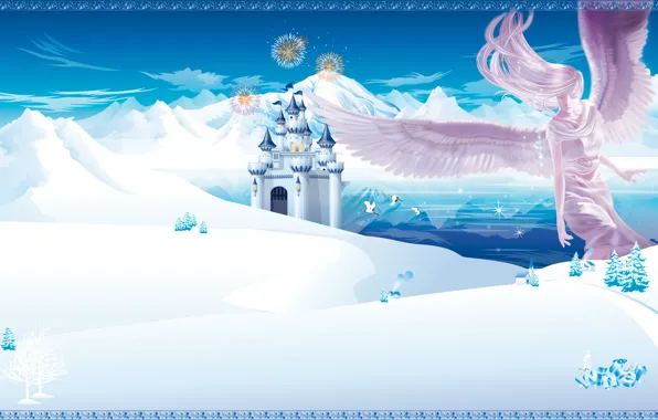 Зима, горы, замок, ангел, аниме