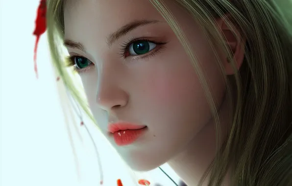 Картинка цветок, девушка, лицо, арт, белый фон, взгялд, Kyonggi-do