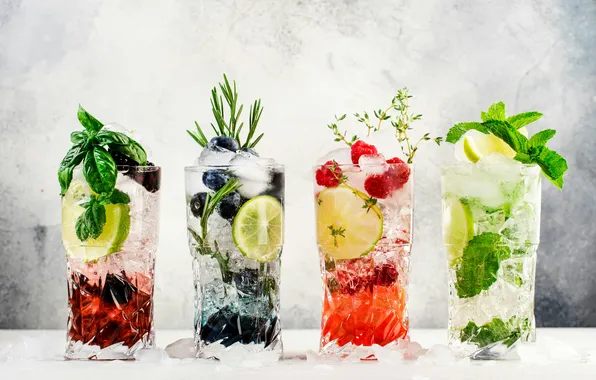 Ice, bar, background, fruit, mint, alcohol, raspberries, gin