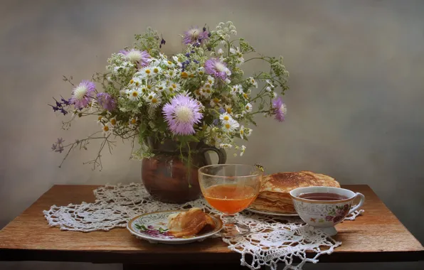 Картинка лето, цветы, чай, оса, мед, натюрморт, блины, полевые