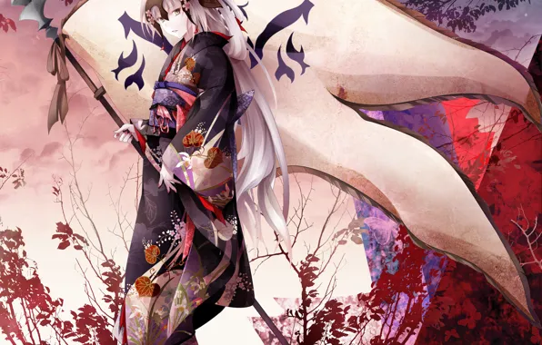 Девушка, аниме, флаг, арт, юката, Fate Grand Order, Судьба великая кампания