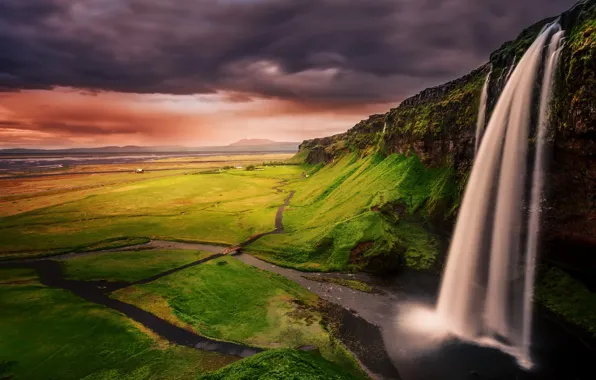 Облака, водопад, вечер, Исландия