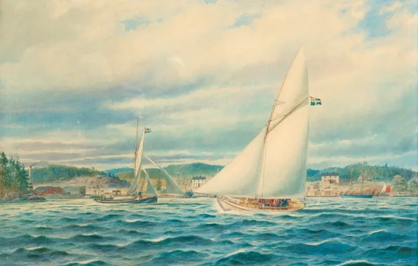 Картинка морской пейзаж, Jacob Hägg, marinus, 1874 г, Узкий вход в Стокгольмский архипелаг