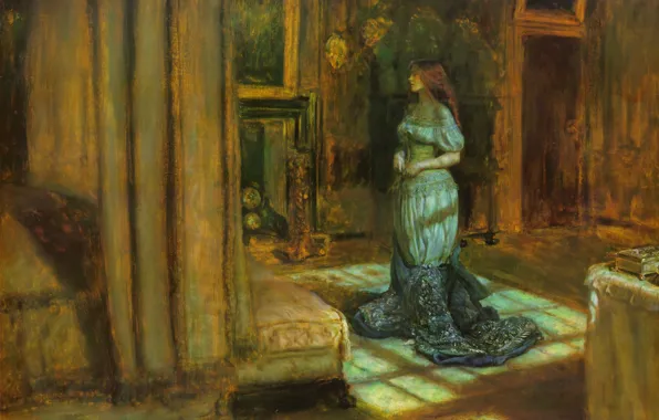 Картинка комната, картина, рыжая, дверь, John Everett Millais, кровать, The Eve of Saint Agnes, корсет